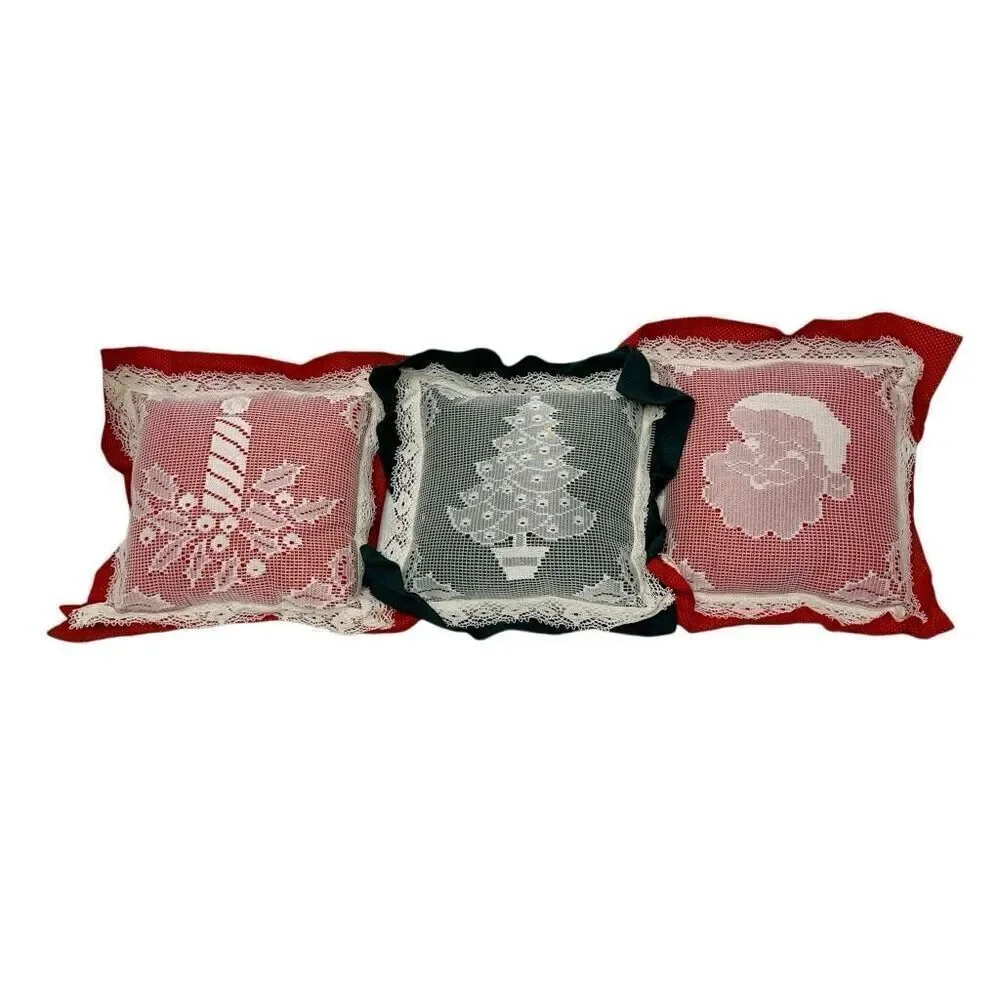 Vintage Christmas throw pillows with lace covered prints